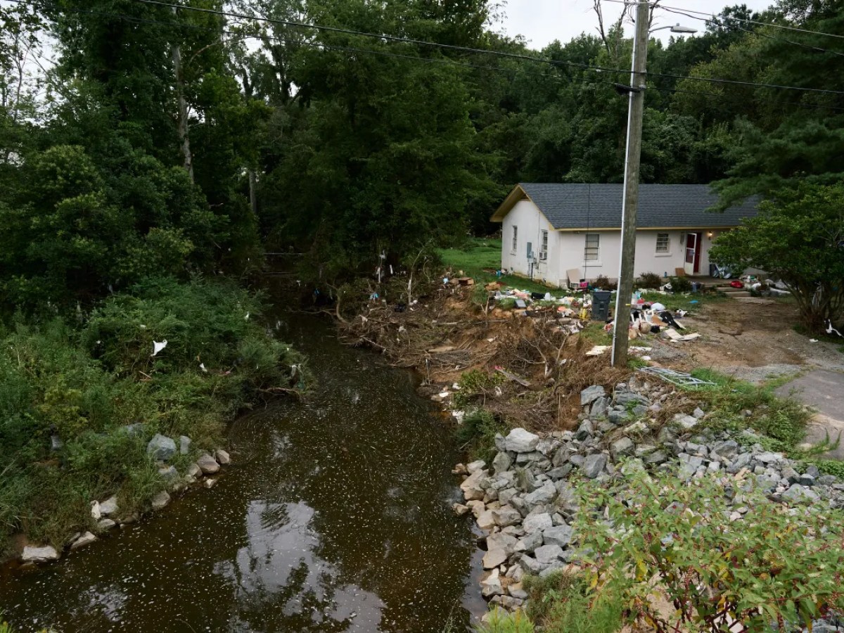 The creek that flooded next to Lou Horton and Paul Greganti's home in Chapel Hill, NC is still littered with debris and trash on July 22, 2025, weeks after Tropical Storm Chantal.